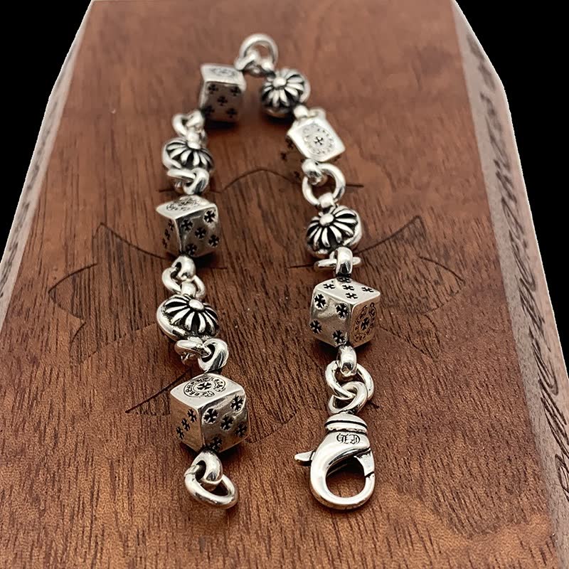 Chrome Hearts Sterling Silver Dice and Flower Bead Bracelet